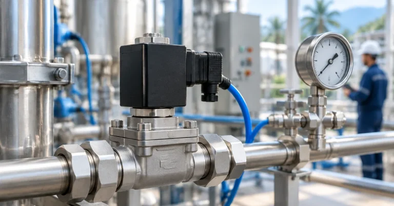 Industrial solenoid valve installed on stainless-steel instrumentation tubing with fittings and pressure gauge in a factory setting